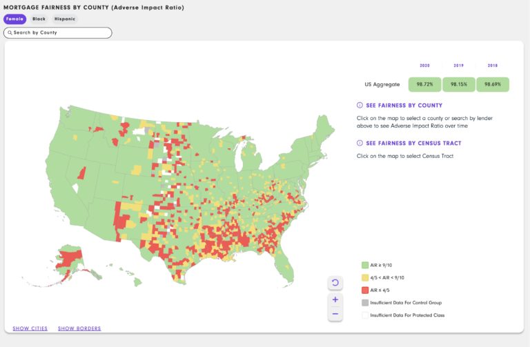 Interactive U.S. map showing mortgage fairness by county.