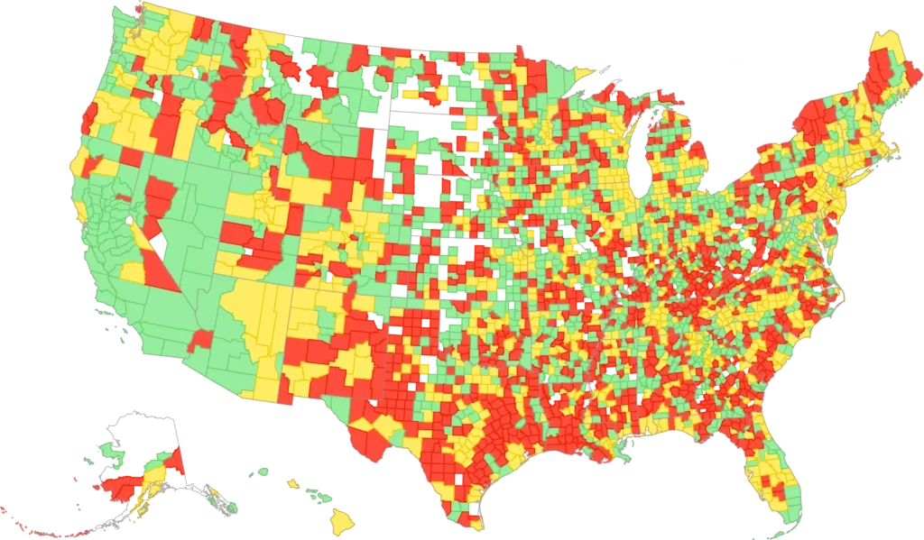 Color-coded map of US counties