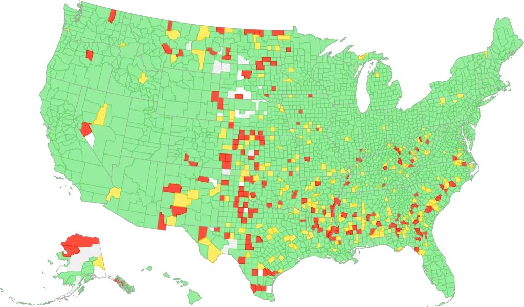 Color-coded U.S. map showing varied regional data