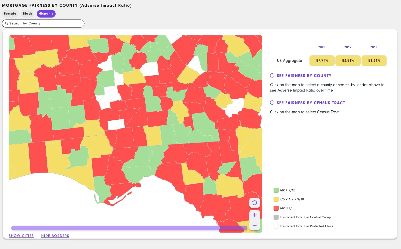 Interactive map showing mortgage fairness by county