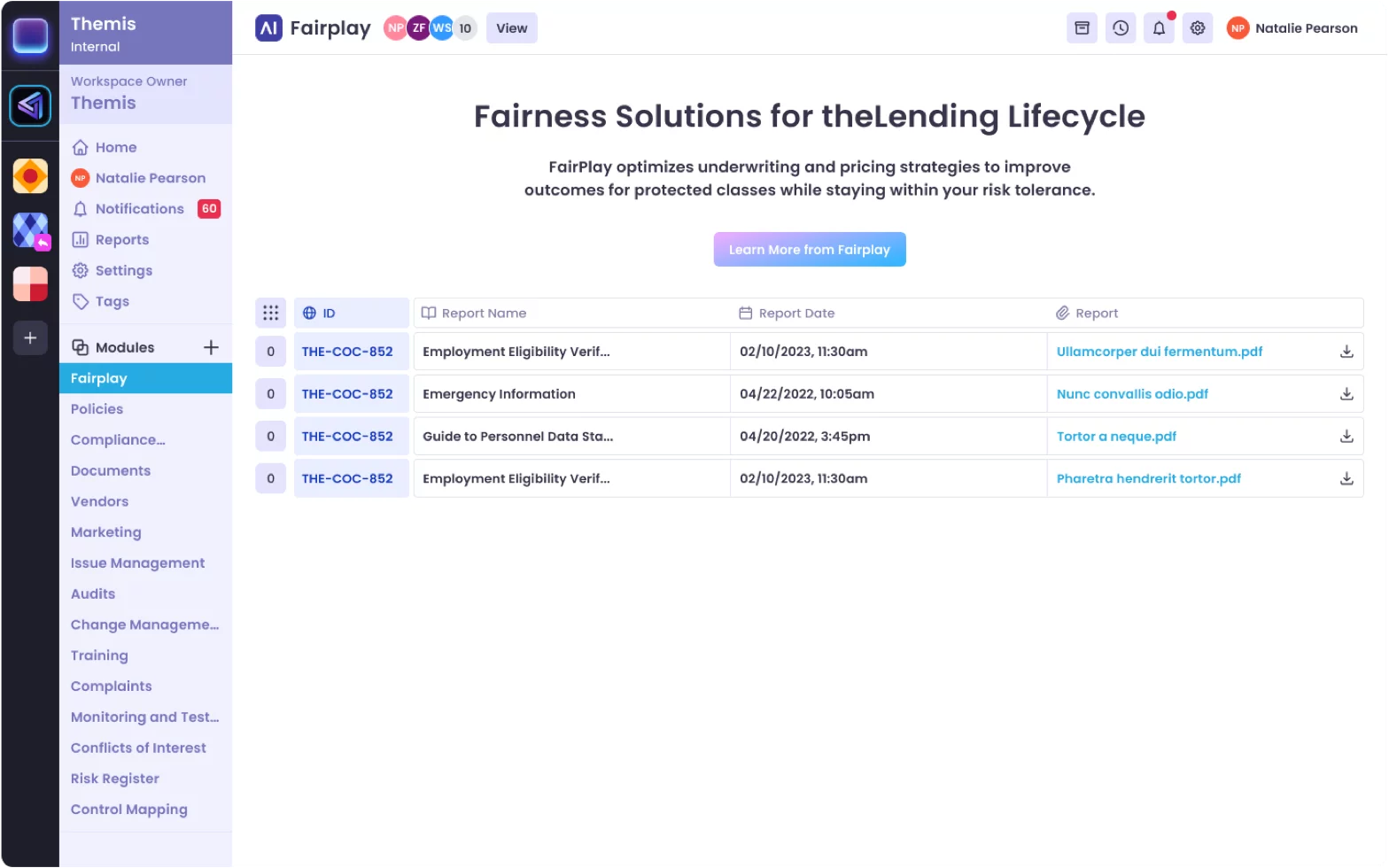 Screenshot of Fairplay software interface showing reports.