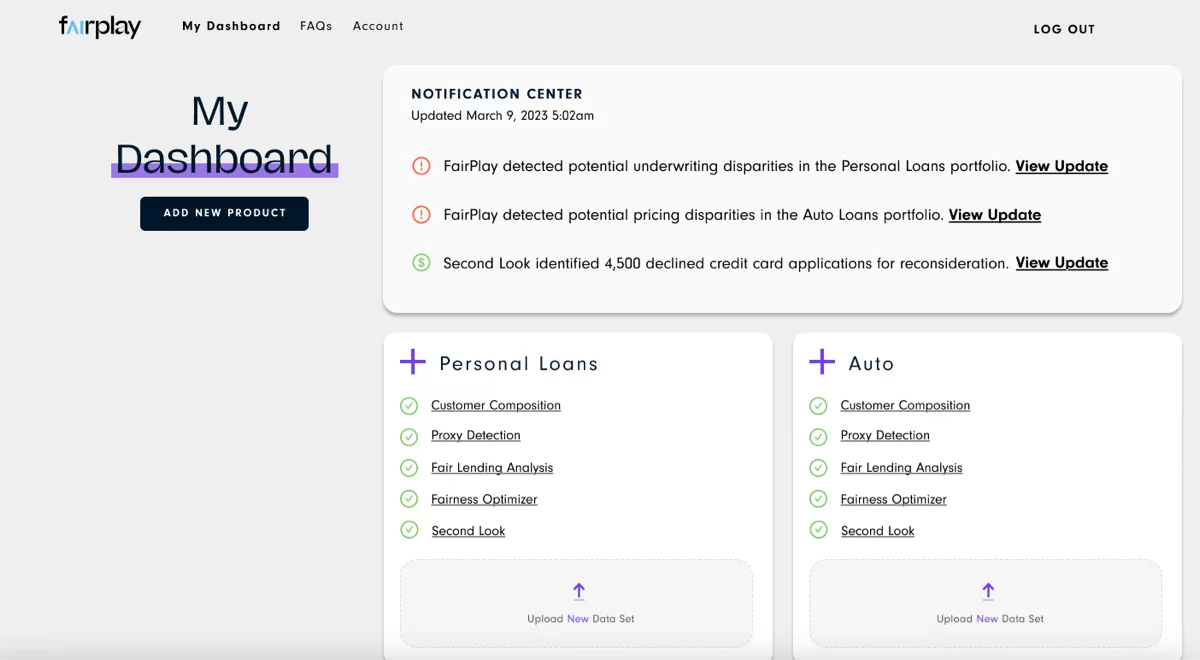Screenshot of FairPlay finance dashboard with notifications and features.