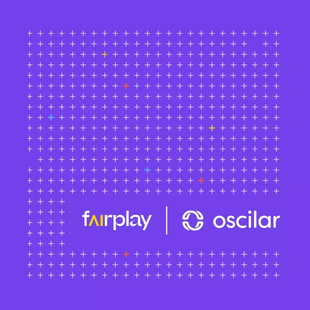 Purple grid pattern with Fairplay and Oscilar logos