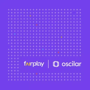 Purple grid pattern with Fairplay and Oscilar logos