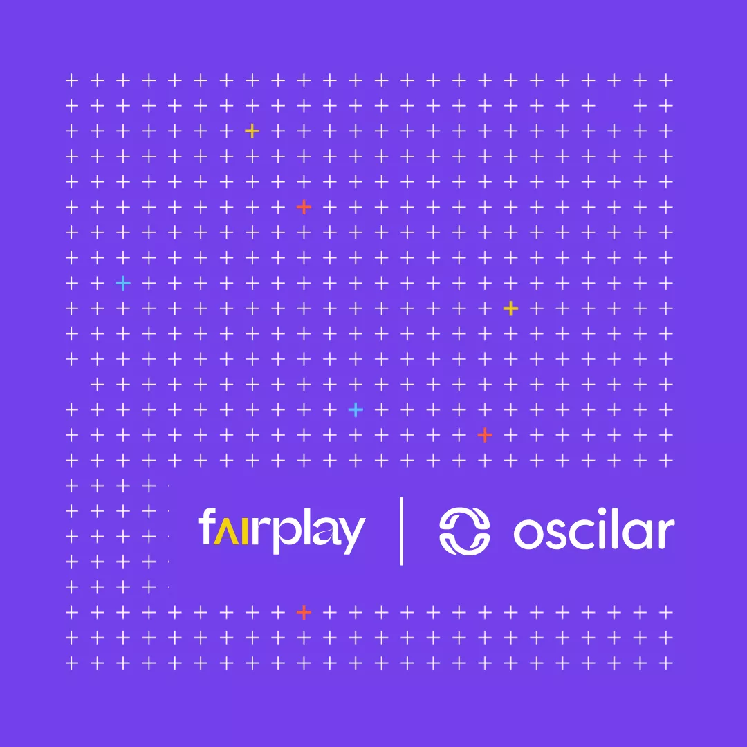 Purple grid pattern with Fairplay and Oscilar logos