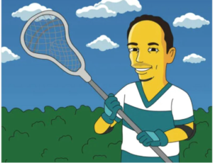 Cartoon man holding a lacrosse stick outdoors